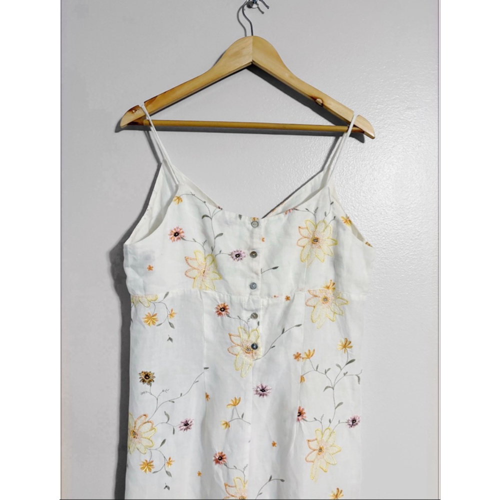 Vintage Embroidered Cottage Core Floral Linen Dainty Maxi or Midi Dress - Picture 6 of 9